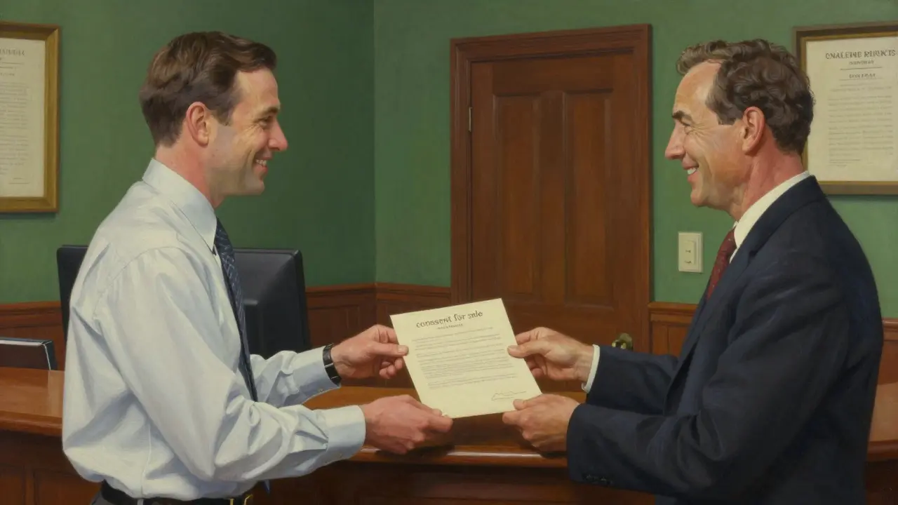 Сотрудник банка выдает владельцу квартиры разрешение на продажу жилья