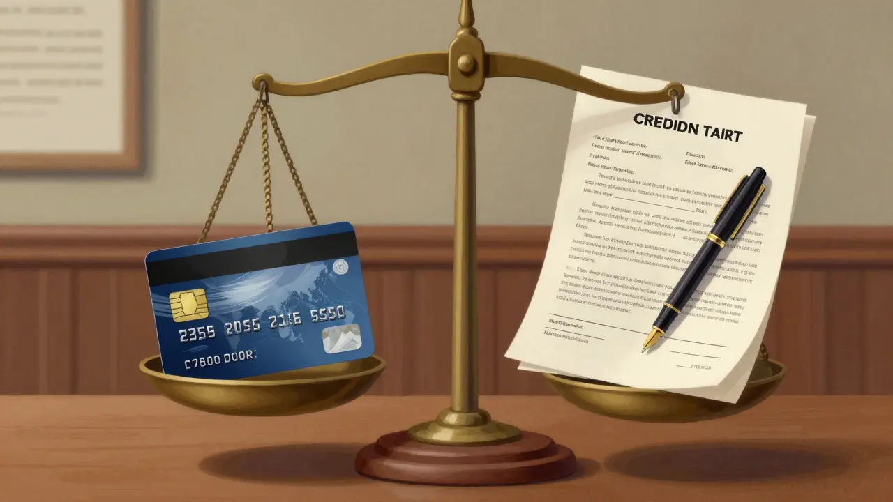 Сравнение кредитной карты и кредитного договора на старинных весах