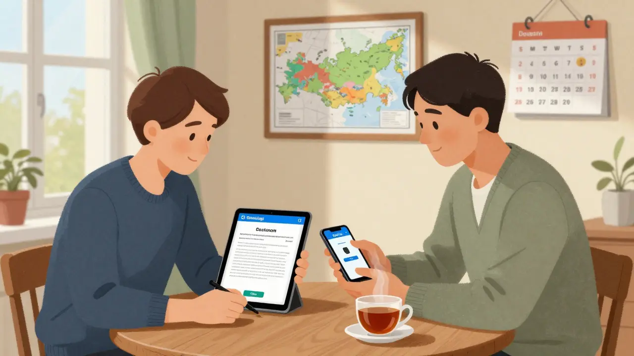 Люди подписывают электронный договор купли-продажи дома через планшет