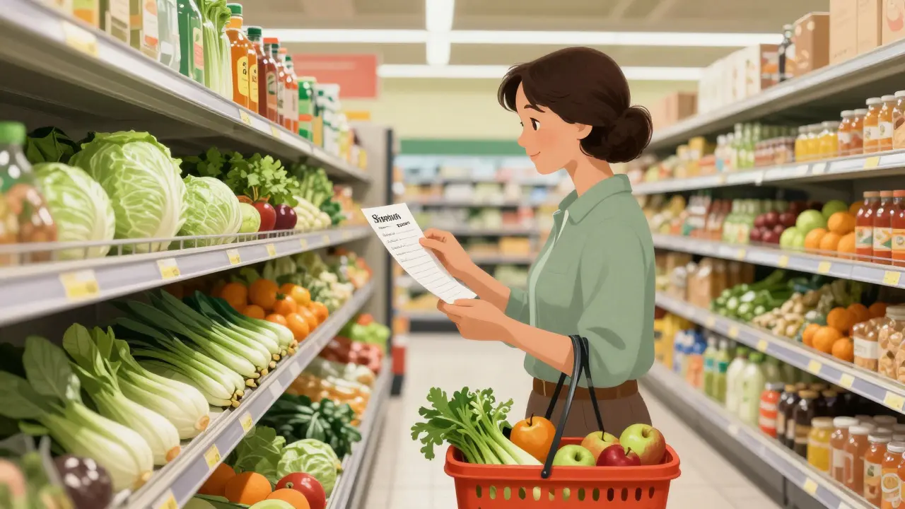 Женщина покупает сезонные продукты по списку в супермаркете